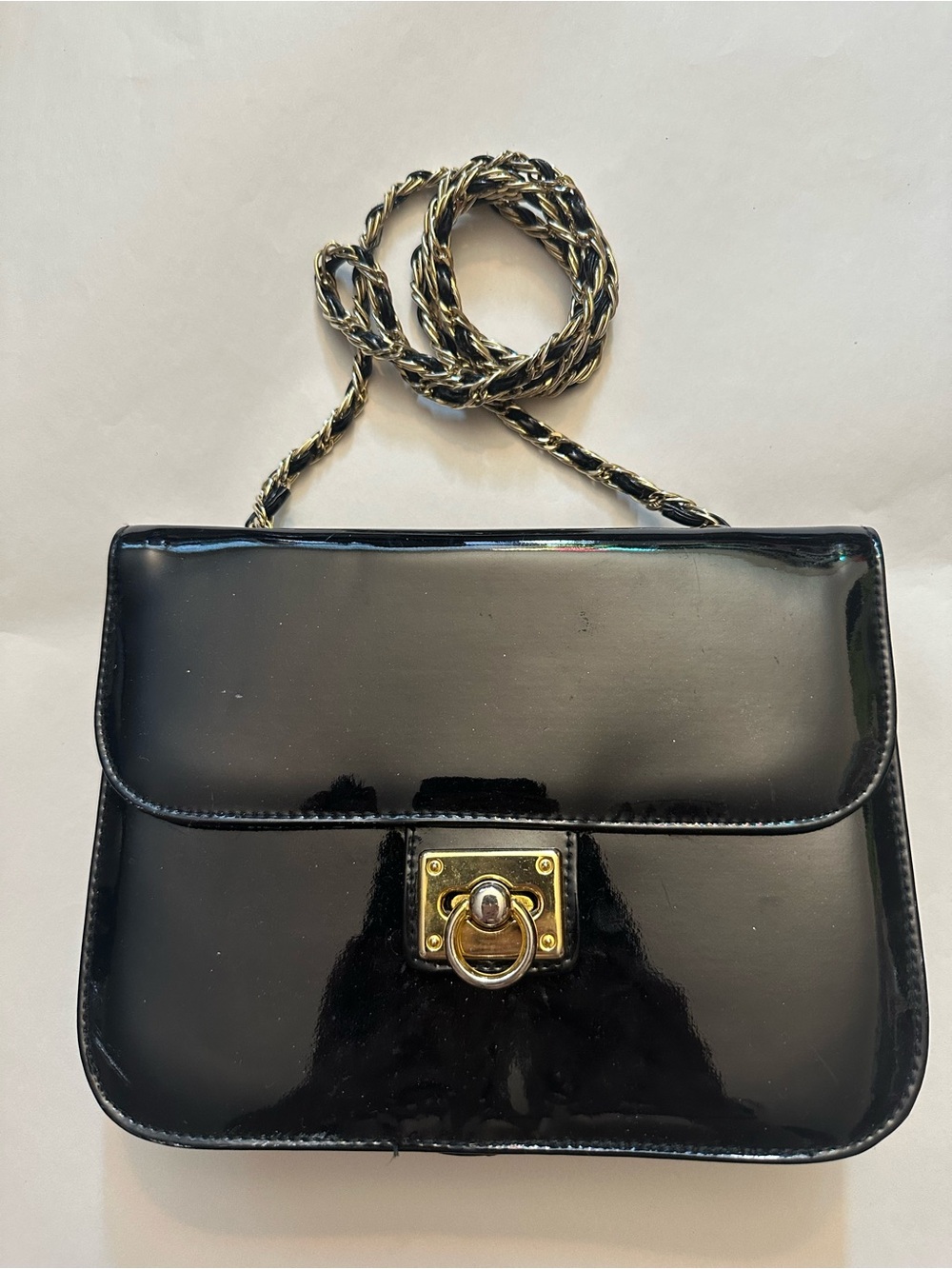 Vintage Black Shiny Pleather Magid Crossbody Bag with Gold and Black Chain Strap